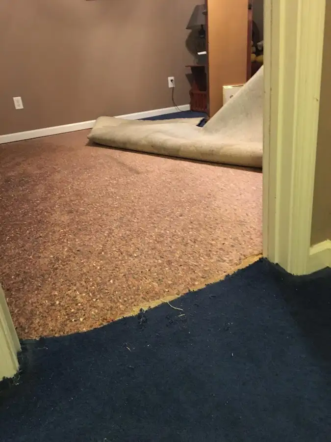 Carpet pad removal revealing water damage during Drying & Dehumidification in Hopatcong
